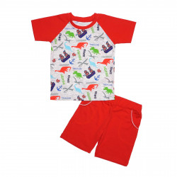 Комплект для мальчика, футболка и шорты, красный. Динозавры.