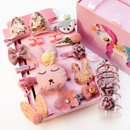 Набор детских заколок. Розовый Зайка 24 штук в подарочной коробочке.