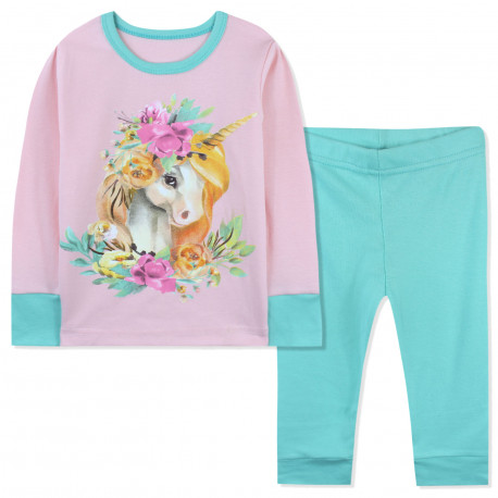 Пижама для девочки, розовая. Единорог и цветы.