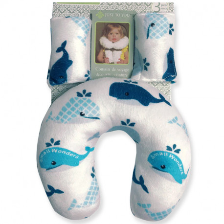 Подушка под шею с накладками на ремень для новорожденного. Синие киты.