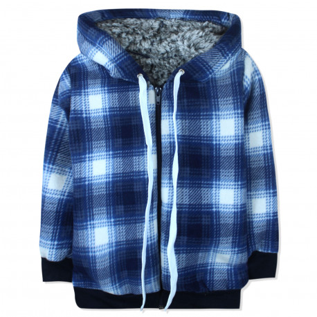 Утепленная детская кофта на меху, толстовка, синяя. Клетка.