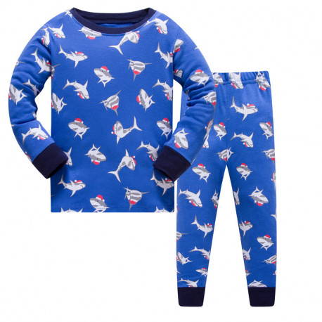 Пижама для мальчика, синяя. Акулы в новогодних шапочках.