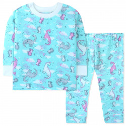 Пижама с начесом для девочки, мятная. Мечтательные динозавры.