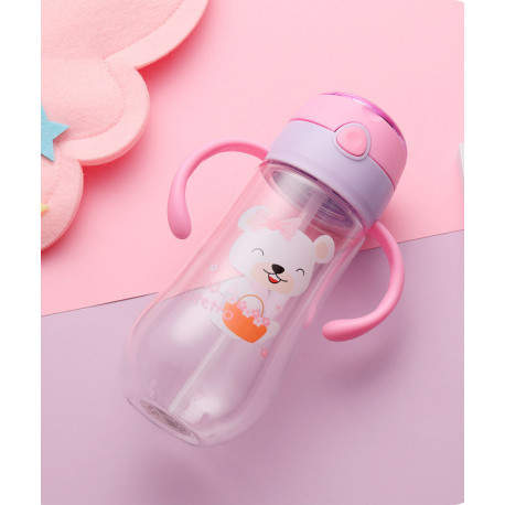 Бутылка с ручками пластиковая, поильник, розовая. Мишка и цветы. 550 мл.