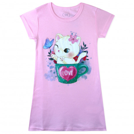Ночная рубашка для девочки, ночнушка, розовая. Кошка в чашке.
