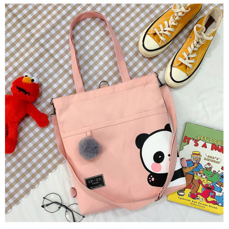 Сумка-рюкзак детский, шоппер, розовая. Панда.