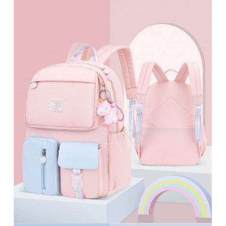 Детский рюкзак, школьный, розовый с голубым. Радужный единорог.