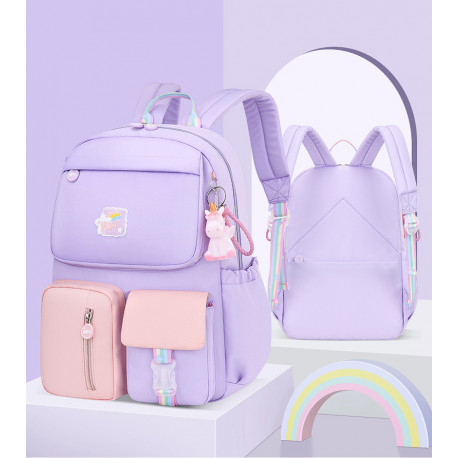 Детский рюкзак, школьный, сиреневый. Радужный единорог.