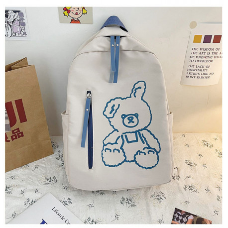 Детский рюкзак, школьный, бежевый с синим. Плюшевый зайчик.