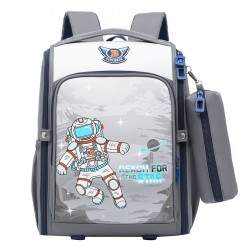 Детский каркасный рюкзак с пеналом, школьный, серый. Космонавт.