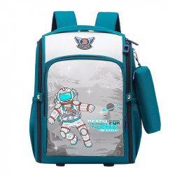 Детский каркасный рюкзак с пеналом, школьный, темно-зеленый. Космонавт.