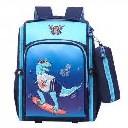 Детский каркасный рюкзак с пеналом, школьный, темно-синий. Дино на серфе.