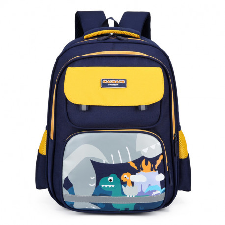Детский рюкзак, школьный, желтый. Динозавры и вулкан.